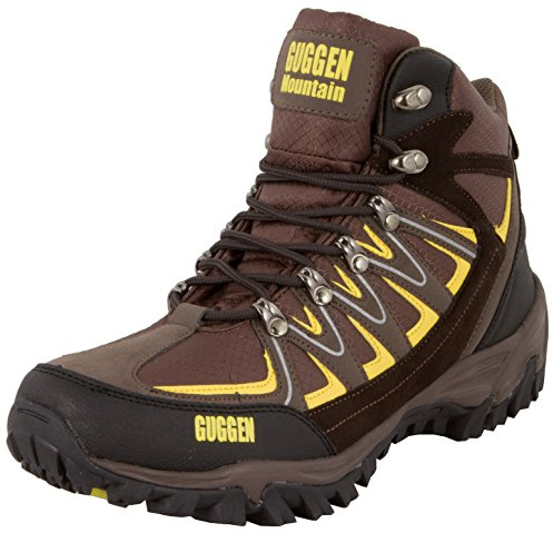 GUGGEN Mountain M009 Chaussures de montagne, de randonnée, de montagne, de trekking, en cuir véritable, Marron/jaune, 44 EU