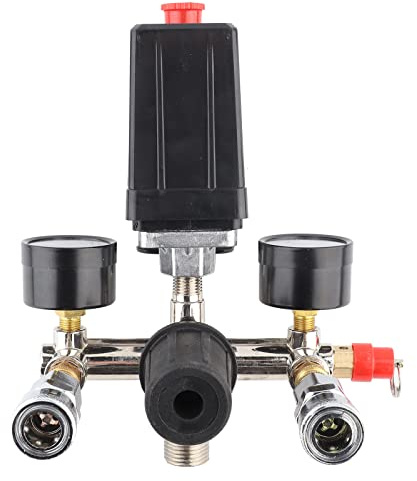 Conjunto Soporte Compresor Aire con Regulador Presión 5-8KG y Manómetros Duales Cromado, Interruptor Control Válvula Accesorios para Compresor Múltiple Presión Regulador