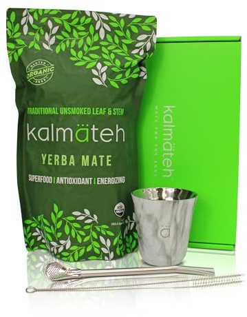 KALMATEH Petite Yerba Mate Starter Set– Modern 5 oz Double Walled Stainless Steel Mate Cup with Bombilla/Bombilla Cleaner & Organic Unsmoked Yerba Mate (1lb) (Marble)