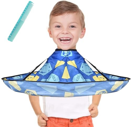GUSTO Set Mantella e Pettine Taglio di Capelli Finestra Trasparente Bambini Parrucchiere Grembiule Mantellina Bimbi Stampa (Pinguini)