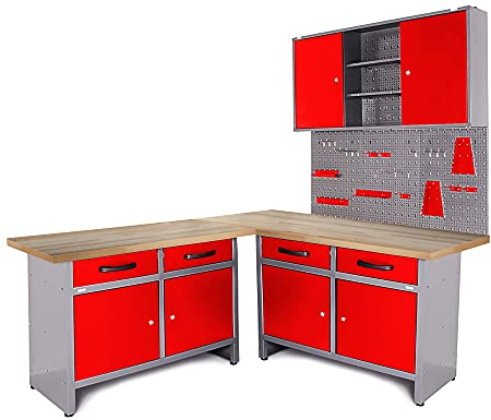 Ondis24 Werkstatt Set Ecklösung Iconic One, Werkbank, 180 cm Holzarbeitsplatte, Werkzeugschrank, Werkzeugwand Lochwand, Haken Set, Metall