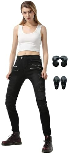 HULG Pantaloni da Moto da Donna,Pantaloni da Moto Biker Jeans Protezione Motorcycle Pantaloni Rinforzato Slim Fit Armature Pants, 4 X Pad di Protezione (Black,XS)
