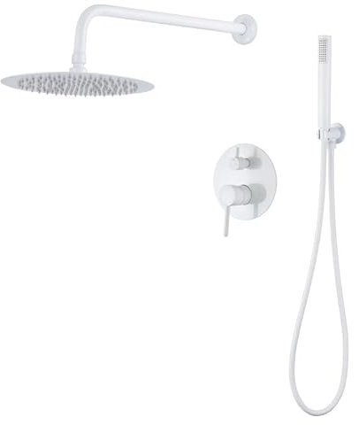 VALAZ Douche Encastrable | Mitigeur Douche 2 voies, Pulvérisateur Effet Pluie | Installation Murale Facile et Rapide | Inoxydable, Ronde, Pulvérisateur 25 cm, Blanc, Série Jucar