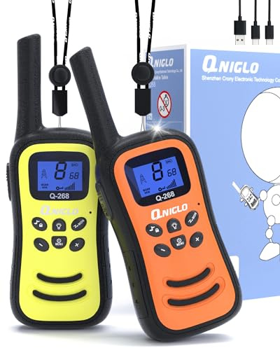 QNIGLO Talkie Walkie pour Enfants, Longue Distance 8 Canaux Jeux Extérieurs, Talkies-Walkies avec Lampe de Poche, Cadeau de Plein Air pour 3 à 12 Ans (OrangeJaune)