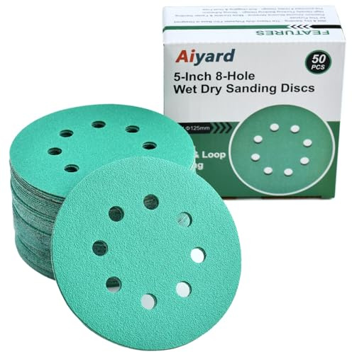 Aiyard 5-Inch 8-Hole Wet Dry Sanding Discs 80 Grit, Polyester Film Backed Heavy-Duty Hook and Loop Sandpaper for Random Orbital Sander, 50-Pack