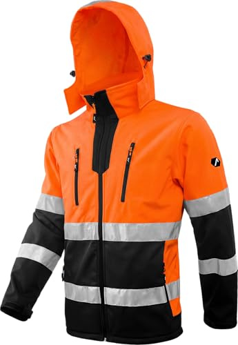 ACE Neon Warnschutz-Jacke - starke Softshell-Warnjacke inkl. Reflektoren und abnehmbarer Kapuze - EN ISO 20471 - Orange - 3XL