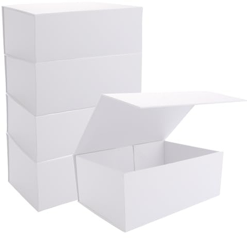 Oungy 5 Pack White Gift Boxes with Lids, 25 x 18 x 10cm Cardboard Gift Boxes for Presents, Magnetic Empty Gift Box for Birthday, Wedding, Anniversary, Valentines