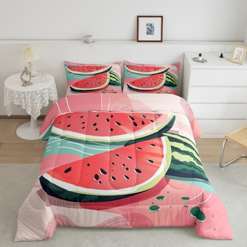 Homewish Summer Watermelon Bedding Set Single For Kids Boys Girls Tropical Fruit Duvet Set,Cartoon Graffiti Quilt Set Summer Holiday Quilted Duvet Toddler Room Decoration,2pcs For All Seasons