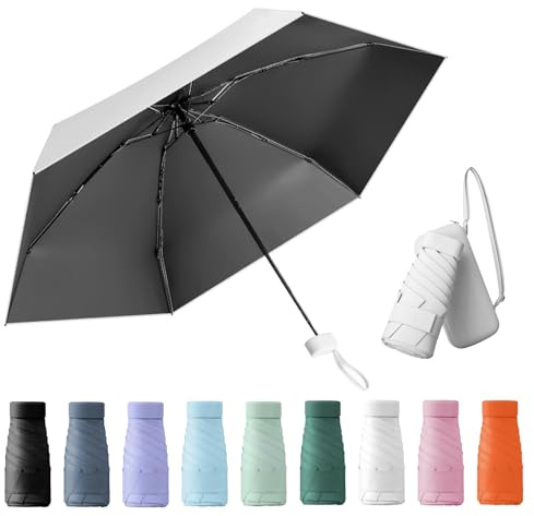 Wydexint Kleiner Regenschirm, portable folding umbrella, mini reise regenschirm, leichter Reiseschirm, taschenschirm, UV-faltbar mit Kapselbox, reisewasser- und winddicht für Männer und Frauen(Weiß)