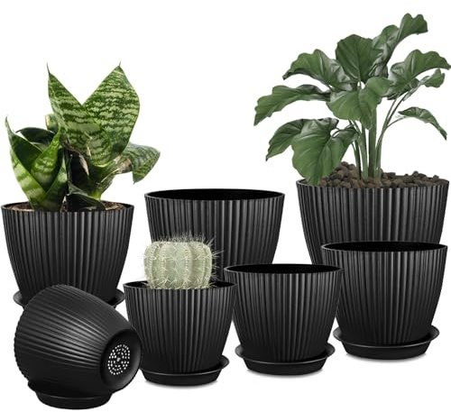 Duscdesp 18/17/16/14/13/11/10CM Plant Pots Indoor Outdoor 7 Pcs Plastic Plant Pots,Large Plant Pot Indoor with Drainage Holes and Tray,Plants Flower Pot for Home Garden (Black)