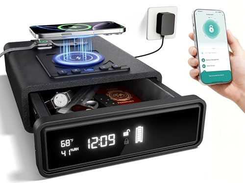 ORARAER Smart Biometric Gun Safe with Wireless Charging, Bluetooth App Control, 4 Unlock Methods, Bedside Drawer Safe LED Display,Money Box for Valuables, Gifts for Men