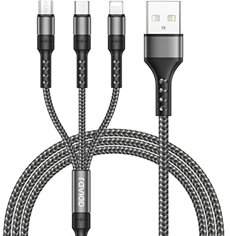 RAVIAD Câble Multi USB, 3 en 1 Câble Universel [2M] Multi USB Câble de Chargement en Nylon avec Micro USB Type C Lightning Câble pour iPhone, Samsung Galaxy S23, Huawei, Honor - Gris