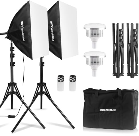 PIOENIMAGE Softbox Lighting Kit, Soft box Photography Lighting Set with 17x17in Softbox, Folding Lighting Tripod, 85W 2700-6500K LED Bulb, Remote, Studio Lights for Photography, Video Recording, 2Sets