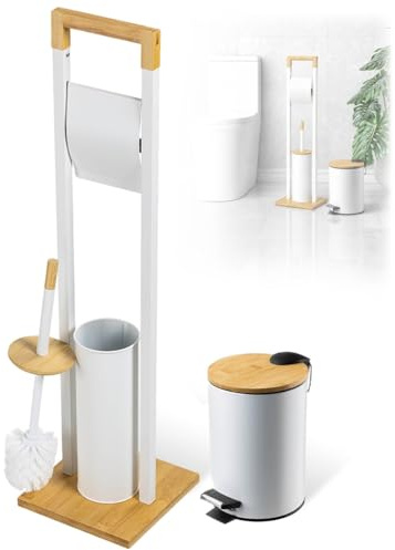 KADAX Portarotolo carta igienica con scopino integrato e secchio per cosmetici, porta carta igienica in piedi con scopino, porta carta igienica (bianco)
