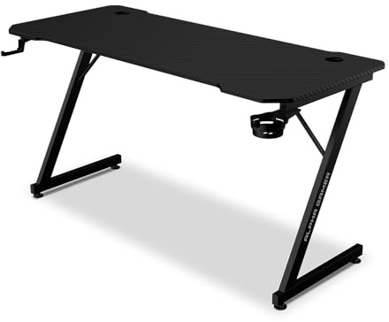 Alpha Gamer Gemina Black 140x60 cm – Escritorio Gamer con Soporte Auriculares, Portavasos, Gestión de Cables, Tapa Textura Carbono, Patas Ajustables – Negro