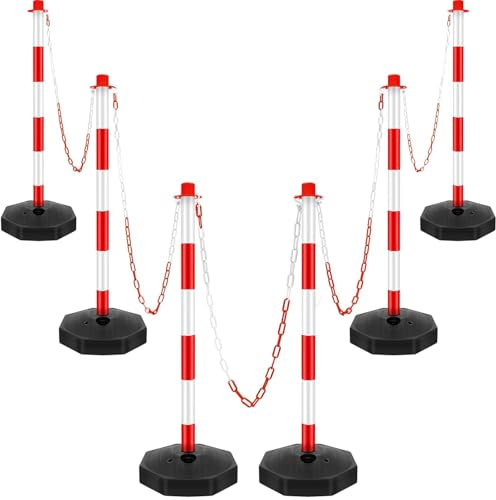Lot de 6 Poteaux de Signalisation Mobiles en PE Rouge et Blanc Remplissables d'Eau avec Chaîne de 12 m et 12 Crochets en S pour Délimitation Sécurisée dans les Parkings et Zones Publiques​