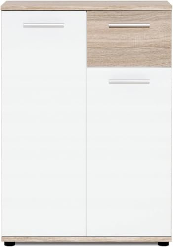 MEBLOHAND Kommode 60x35x85 cm - Sideboard Jacky I mit Schublade und 2 Türen, Laminierter Platte - Wohnzimmerkommode Weiß/Sonoma Eiche