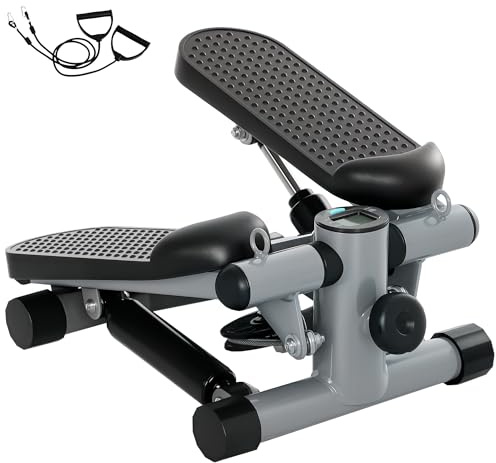 SPORTNOW Mini Stepper de Fitness pour la Maison, Machine de Step, Appareil de Fitness avec Bandes de résistance, écran LCD et pédales antidérapantes, Charge 100 kg, Gris