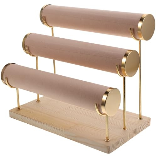 MOBUTOFU Supporto per Orologi e Braccialetti da Tavolo in Legno Base Massiccia, Design Smontabile a 3 Livelli, Organizer Beige Antigroviglio per Casa e Negozio