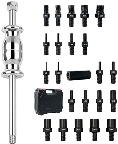 24-Piece Slide Hammer Set - Dowel Pin Puller Kit with M3 to M20 Thread Adaptors for Removing Bushings, Bearings, Seals, Studs - Includes Dedicated Case
