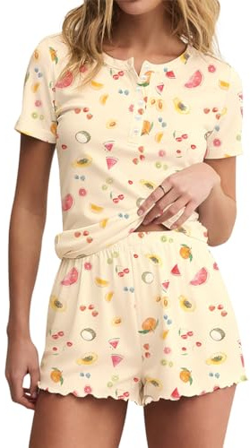 BONITEE Womens 2 Piece Pajamas Sets Cute Button Down Tops Sexy PJ Set 2026 Trendy Summer Shorts Nightwear Outfits Yellow-Fruits,M