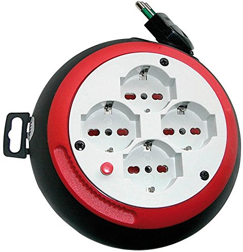 Prolunga Elettrica con Avvolgicavo Brennenstuhl 1100535 | Prolunga Elettrica 3 Metri Ultrapiatta e Pratica | 4 prese Polivalenti (10/16A+Schuko) | Altezza Solo 6cm | Diametro 18cm |Colore Nero/Rosso