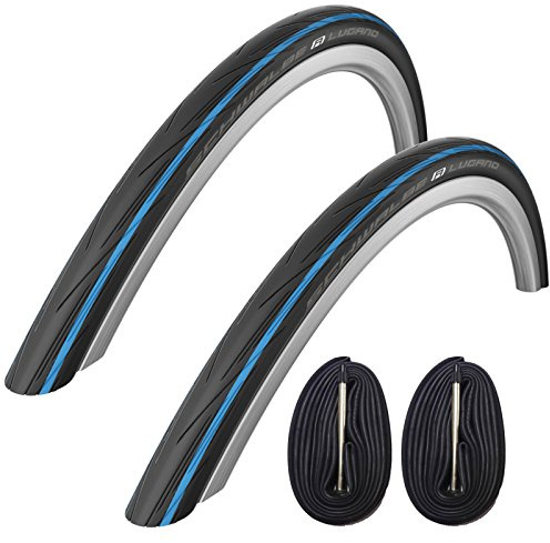 2x Schwalbe Lugano 700c x 25 Road Racing Bike Tyres & 60mm Presta Tubes - Blue