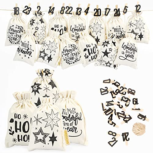 Papierdrachen 24 Adventskalender Stoffsäckchen zum Befüllen - mit schwarzen Zahlen - Stoffbeutel zum selber Dekorieren - Geschenksäckchen - Hello Winter Set Nr 24