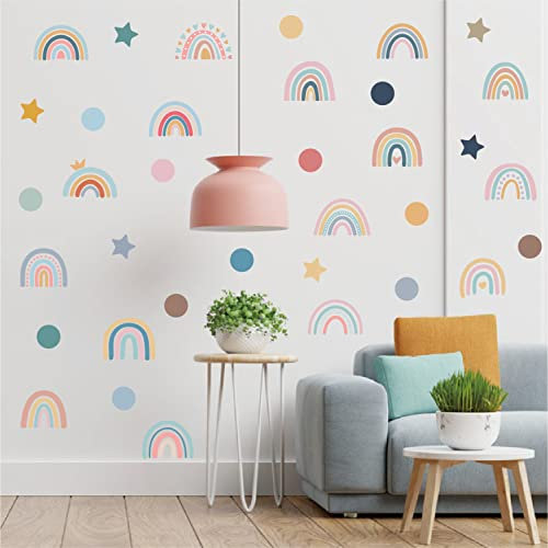 fanquare Stickers Muraux Arc-en-Ciel Boho Autocollant Mural Petit Arc-en-Ciel Étoiles Points Aquarelle Décoration Murale pour Chambre Enfants Filles Salon