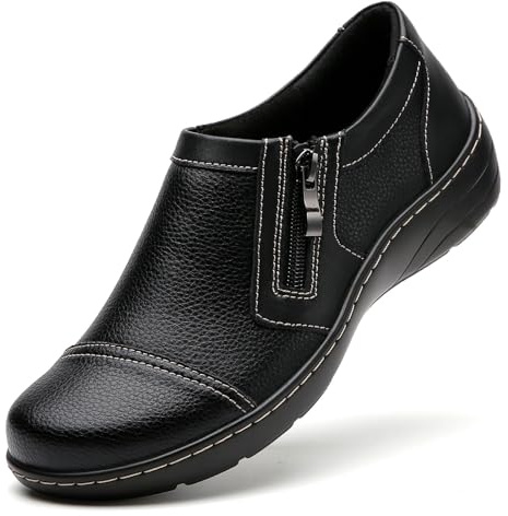 QAE Loafers for Women Comfort Women's Loafers & Slip-Ons with Zipper Orthopedic Lightweight Business Casual Dressy Walking Work Flat Slip-On Shoes for Ladies Black US 7