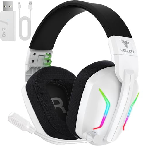 WESEARY WG1 Cascos Gaming Inalambricos, Auriculares Gaming Inalambricos para PS5, PS4, PC, Switch, Sonido Estéreo Auriculares Gaming con Microfono, Cascos con Luz LED, Duración 50Hr+