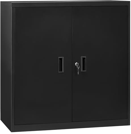 WOLTU Aktenschrank abschließbar, Ordnerschrank mit höhenverstellbarem Einlegboden, Metallschrank mit Schloss, Büroschrank Lagerschrank Mehrzweckschrank, Schwarz, B90xH92xT40 cm, ASK12sz