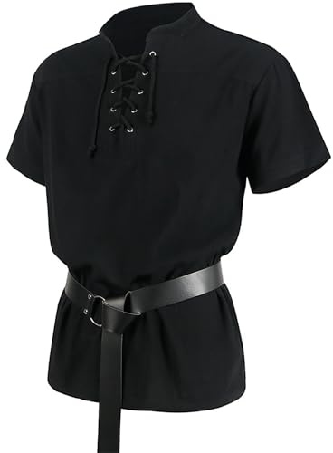 Velcoxplay Camicia medievale da uomo con lacci, camicia da pirata, tunica vichinga, steampunk, retrò, rinascimentale, gotico, Halloween, con cintura, nero, XL