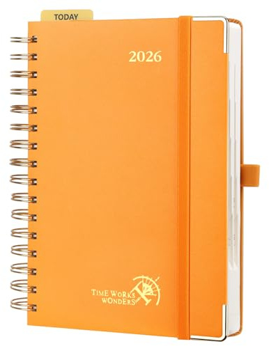 POPRUN Agenda 2026 Journalier 21,5 x 14,5 cm - Couverture Rigide Spirale, 1 Page par Jour A5 Planner, D'Jan 2026 à Déc 2026-12 Mois, Avec règle signet, Papier 80 g/m², Orange