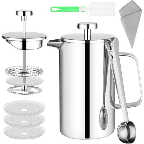 HOTUT Cafetière a Piston en Acier Inoxydable avec Flitres et Cuillère, 350ML French Press 3 en 1 Acier Français avec kit de Nettoyage, Double Paroi Cafetiere Café, Cafetière Pression, Isolation