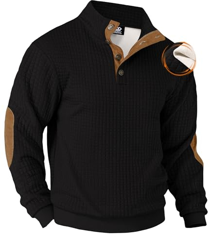 VOGSTART Men's Casual Western Shirts Long Sleeve Cozy Pullover Quarter Thick Ribbed Corduroy Winter Stand Collar Fluff Heavyweight Classic Warm Color Block Elbow Patches Sweater Black - Waffle L