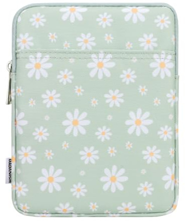 Dadanism 6-7 Inch Universal Padded Sleeve for eReader, Green & White Daisy | Protective Carrying Case Fits 7 Paperwhite/Colorsoft Signature Edition eReader, 6 Kobo Clara BW/Colour,7 Kobo Libra Colour