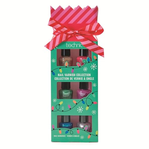 Christmas Nail Varnish Gift Set – 6 x 3.5ml Vegan Nail Polishes in Festive Cracker Box – Metallic & Shimmer Colours Gold Pink Green Red Blue Silver – Stocking Filler & Secret Santa Present