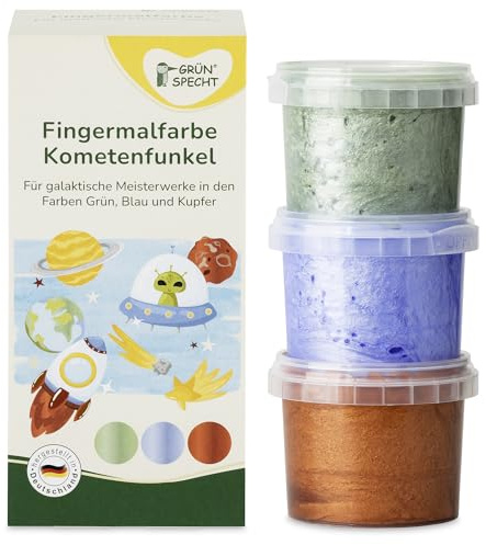 GRÜNSPECHT Fingermalfarbe Glitzer Kometenfunkel, Fingerfarben Set für Kinder, 3 x 90 g, schadstofffrei, vegan, wasserlöslich, cremige Farben zum Basteln, blau, grün, kupfer (698-V3)