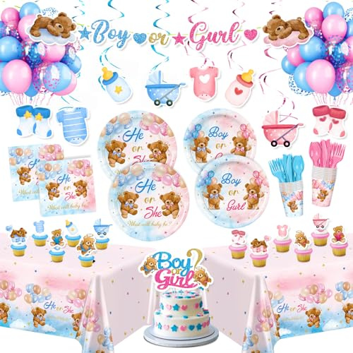 220pcs Bear Gender Reveal Decorations Plates Napkins Bear Gender Reveal Party Supplies Include Paper Plates Napkins Cups Cutlery Balloon Hanging Swirl Tablecloth Tableware Set for Baby Shower Serve 24