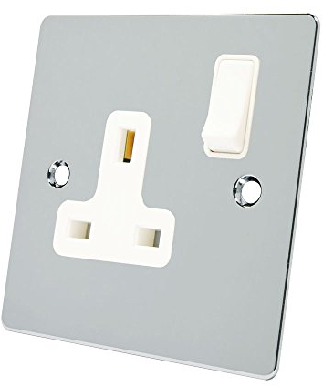 Alliance Electrical FPC1GSOCWH Polished Chrome Flat 1 Gang White Insert Plastic Rocker Switch-13 Amp Single Plug Socket, 240 V