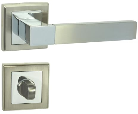 domino Maniglia per porta WC – Set da bagno con rosette quadrate per WC – Set di rosette per WC – Maniglia per porta in alluminio cromato/nichel reale QR
