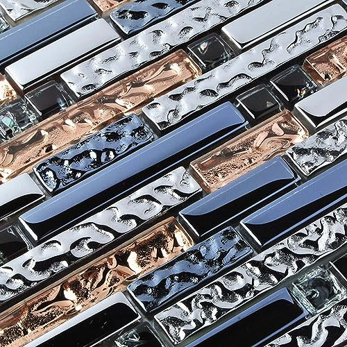 Hominter Metallic Glass Tile Rose Gold, Silver & Ink Blue Interlocking Linear Mosaic for Kitchen Backsplash, Bathroom Walls, Fireplace Surrounds & Accent Decor (6 Square Feet)