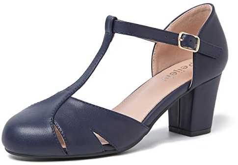 Women's T-Strap Block Heel Pumps, Ankle Buckle Closure, Classic Cut Out Round Toe Dress Shoes, Matte Navy, 8 UK
