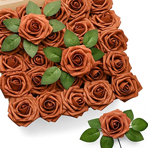Mocoosy 50Pcs Roses Artificial Flowers,Burnt Orange Fake Rose for Decorations,Foam Artificial Roses Bulk with Stem,Lifelike Rose DIY Flower for Wedding Bouquet Centerpiece Arrangement Party Home Decor