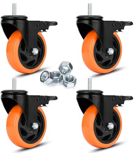 Swivel Caster Wheels 4 Inch Heavy Duty Threaded Stem Casters 3/8-16x1 Safety Dual Locking Industrial Castors Set of 4 Load Bearing 1200 Lbs Caster with Brakes Wheels for Cart, Furniture