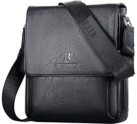 Leathario Herren Umhängetasche veganes Leder Schultertasche Herrentasche mit Großer Kapazität für Alltag Freizeit Arbeit Schwarz