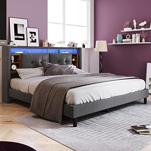 Moimhear Letto imbottito 140 x 200 cm, letto a due piazze, con testiera con spazio di archiviazione, letto con ricarica USB e illuminazione LED, struttura letto con rete a doghe in legno (Grigio, 140
