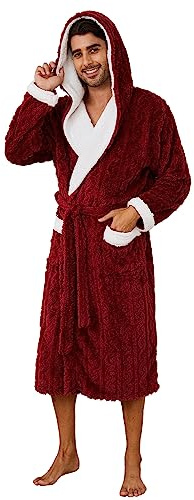 Vulcanodon Mens Robe with Hood,Full Length Plush Robe for Men Thick Fleece Bathrobe(BURGUNDY, S/M)