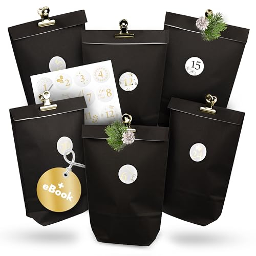 AMARI ® Adventskalender zum Befüllen Premium Black - 24 Papier Adventstüten (mit Holzklammern) zum Basteln für Weihnachten - Papier Weihnachtstüten